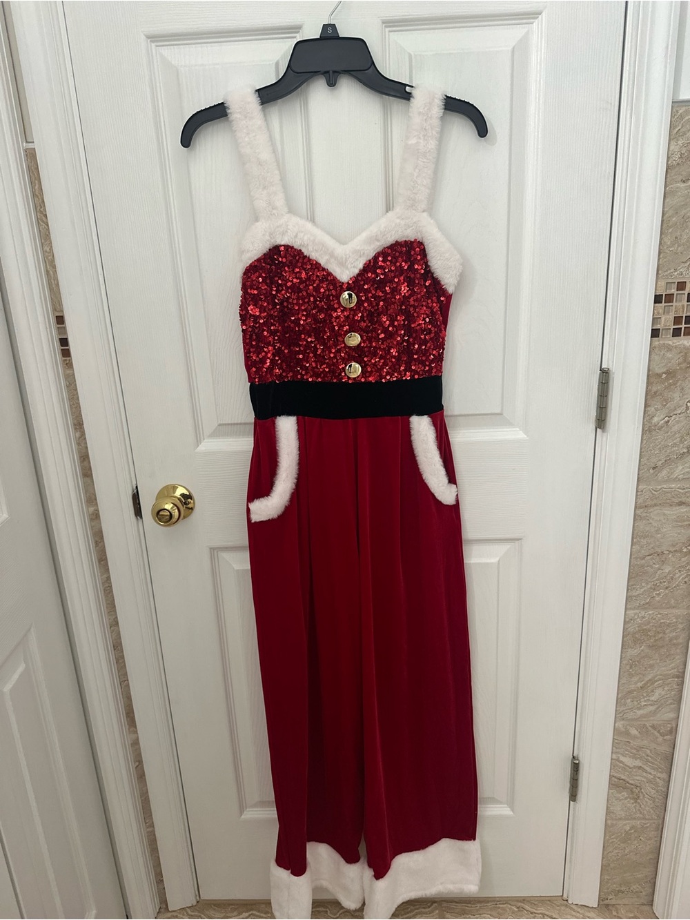 Red Sequin Holiday Maxi Pant Suit with Fur Trim